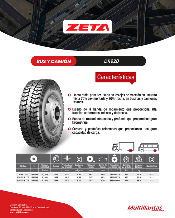 Llanta 215/75R17.5 18 Pr 135/133J DR928 Trac Zeta