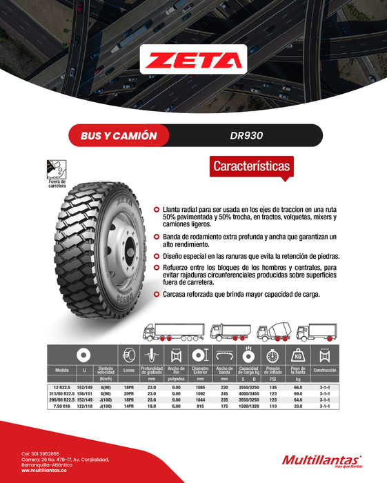 Llanta 12R22.5 18Pr 152/149G DR930 Trac Otr Zeta