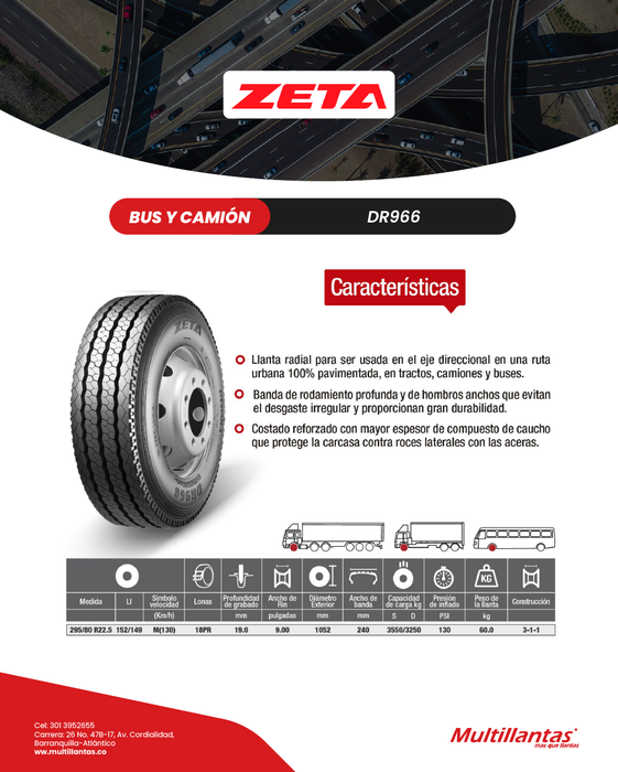 Llanta 295/80R22.5 18Pr 152/149M DR966 Zeta