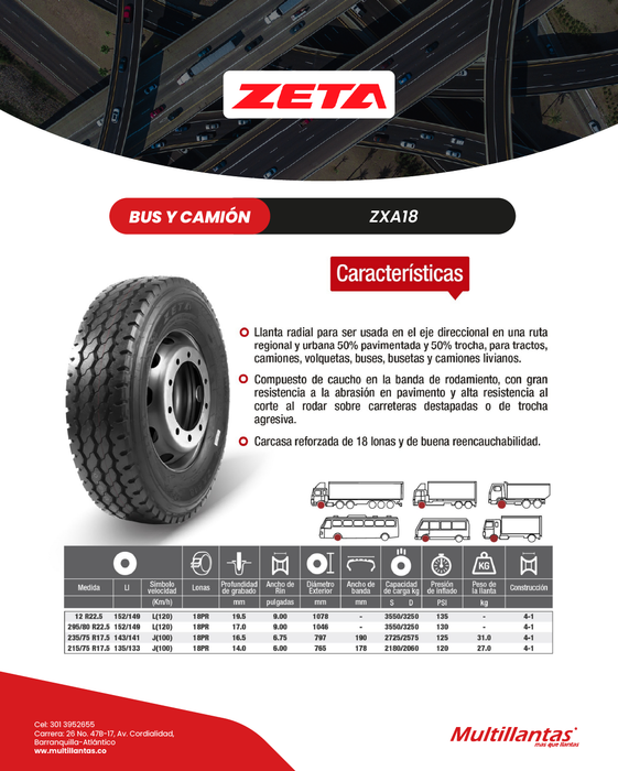 Llanta 215/75R17.5 18 Pr 135/133J ZXA18 Dir Mix Zeta