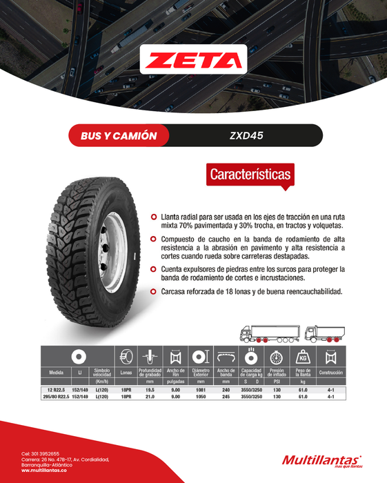Llanta 12R22.5 18Pr 152/149L ZXD45 Trac Mix Zeta