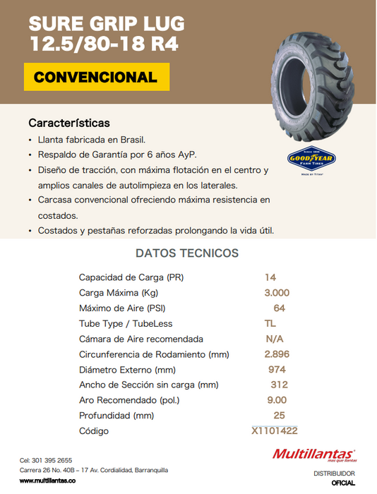 Llanta 12.5/80-18 I3 SURE GRIP LUG 14PR GOODYEAR TL