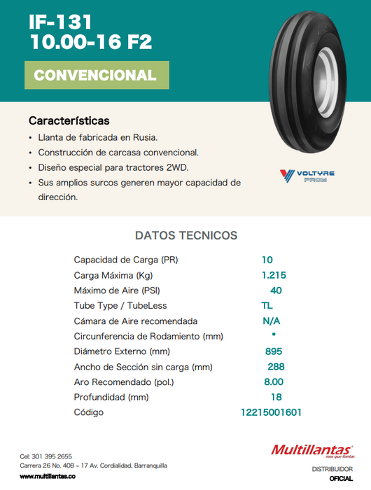 Llanta 10.00-16 F2 IF-131 115A6 Voltyre TL