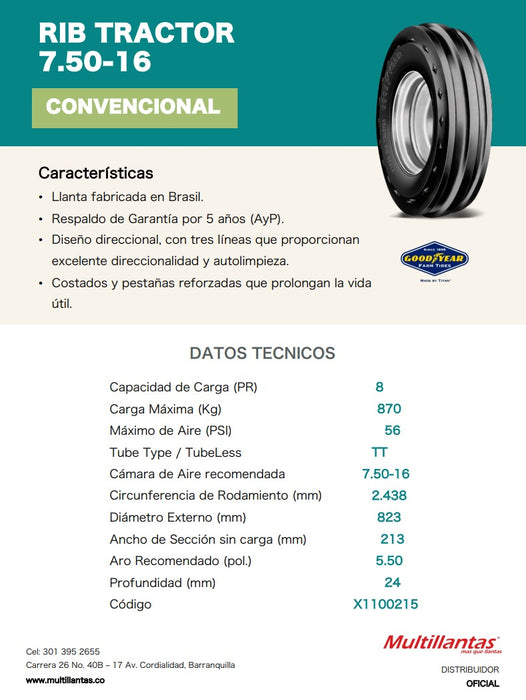 Llanta 7.50-16 F2 RIB TRACTOR 8PR GOODYEAR TT