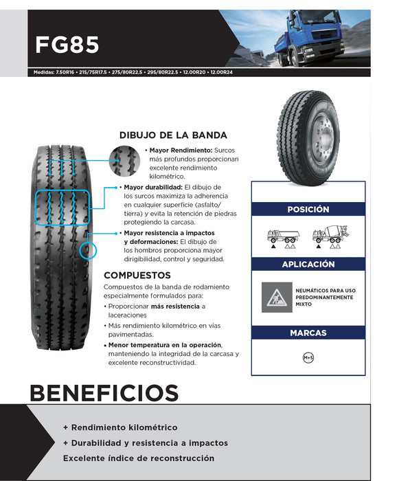 Llanta 7.50R16TL 121/120L 12 FG85