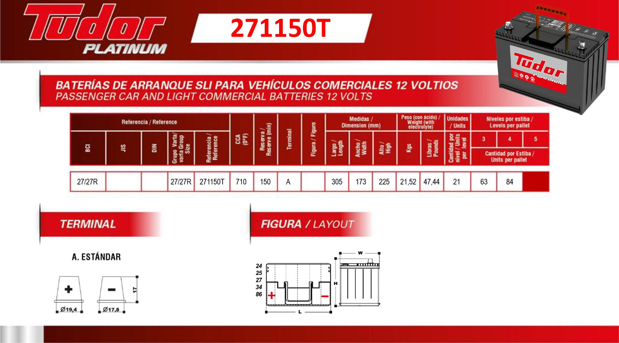 Batería Tudor 271150T (+) I