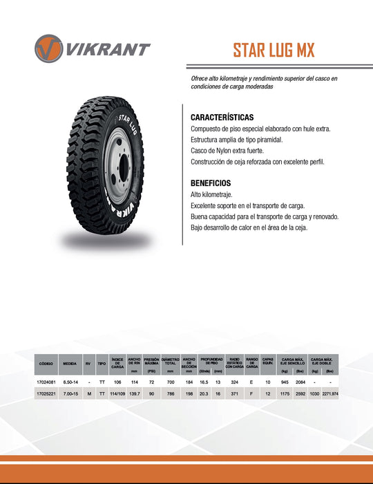 LLANTA 7.00-15 12PR STAR LUG MX TRACC VIKRANT