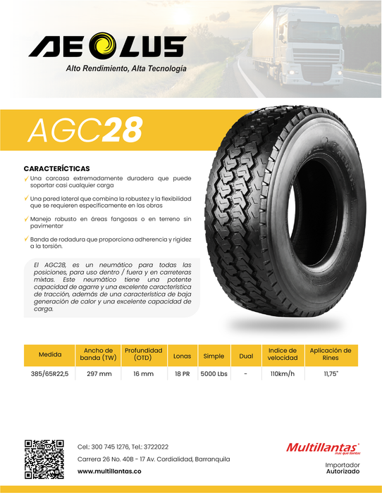 Llanta 385/65R22.5 20PR 158L AGC28