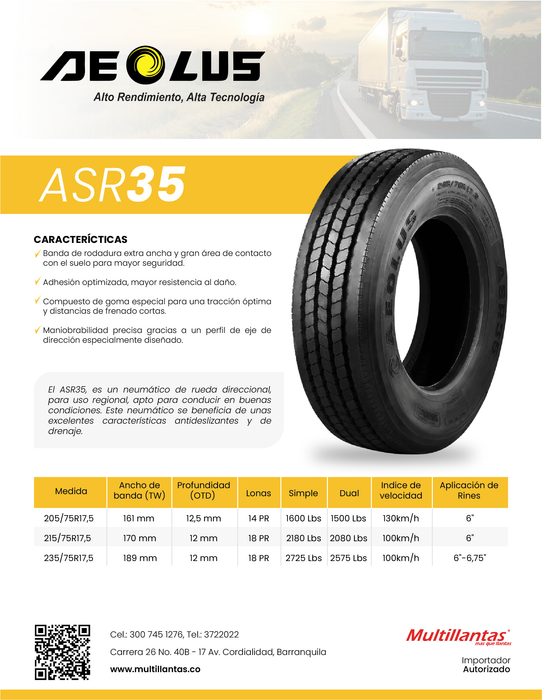 Llanta 205/75R17.5 14PR 124/122M ASR35