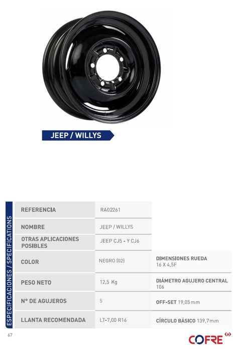 RIN COFRE JEEP WILLYS 16X4.5
