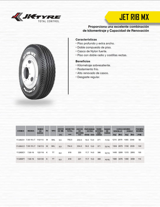 LLANTA 7.00-16 14PR 118/113M JET RIB MX DIR JK TYRE