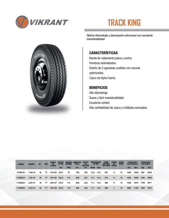 LLANTA 8.25-16 16PR 129/127M TRACK KING DIR VIKRANT