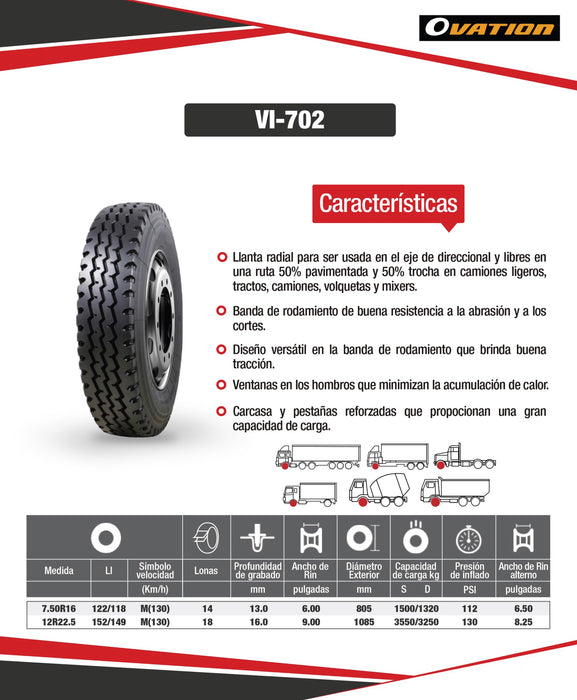 LLANTA 7.00R16 14PR 118/114M SET VI-702 OVATION