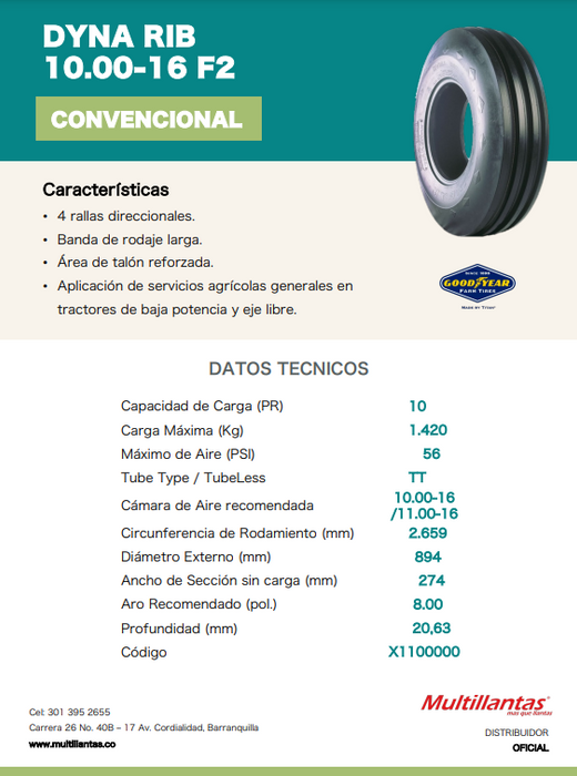 Llanta 10.00-16 F2 DYNA RIB 10PR GOODYEAR TT
