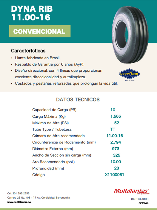 Llanta 11.00-16 F2 DYNA RIB 10PR GOODYEAR TT