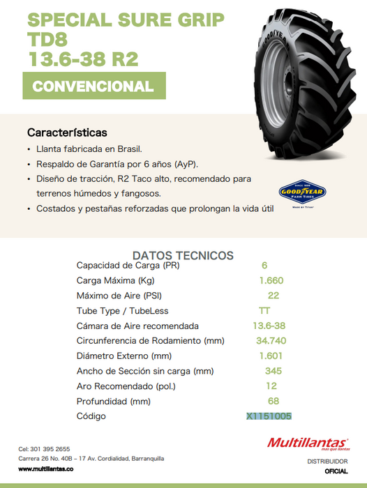 Llanta 13.6-38 R2 SPECIAL SURE GRIP TD8 6PR GOODYEAR TT