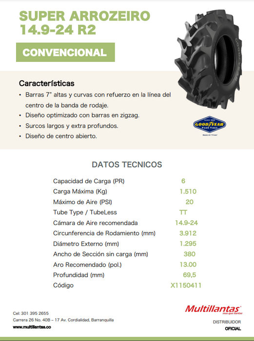 Llanta 14.9-24 R2 SUPER ARROZEIRO 6PR GOODYEAR TT