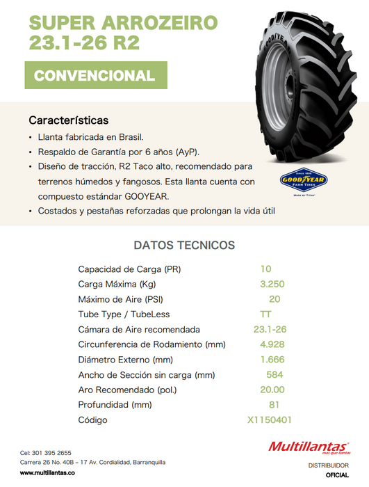 Llanta 23.1-26 R2 SUPER ARROZEIRO 10PR GOODYEAR TT