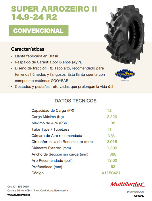 Llanta 14.9-24 R2 SUPER ARROZEIRO 12PR GOODYEAR TT