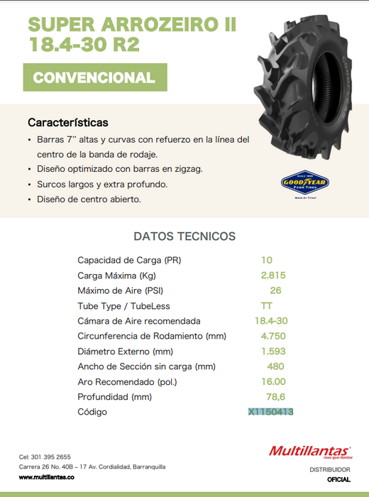 Llanta 18.4-30 R2 SUPER ARROZEIRO II 10PR GOODYEAR TL