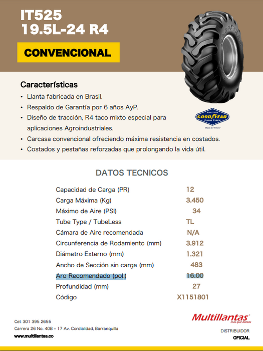 Llanta 19.5L-24 R4 IT525 12PR GOODYEAR TL