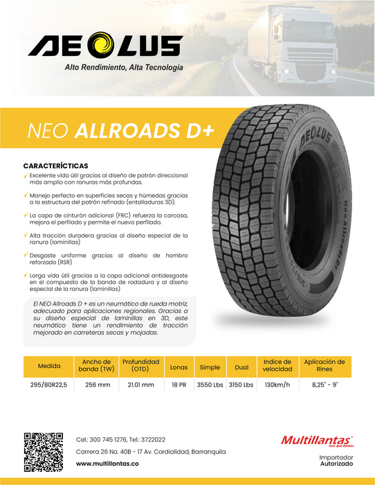 Llanta 295/80R22.5 18PR 152/148M Neo Allroads D+
