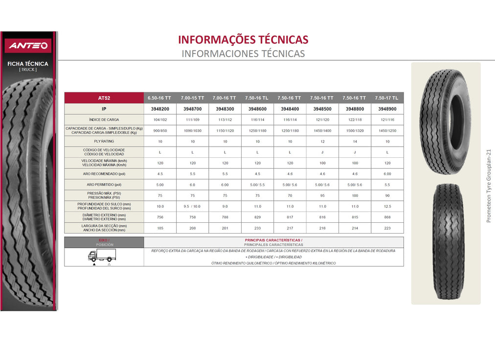 Llanta  Anteo 7.50-16CTT 112/110L 8 A.AT85