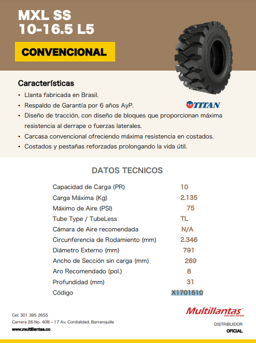 Llanta 10-16.5 SS MXL 10PR TITAN TL