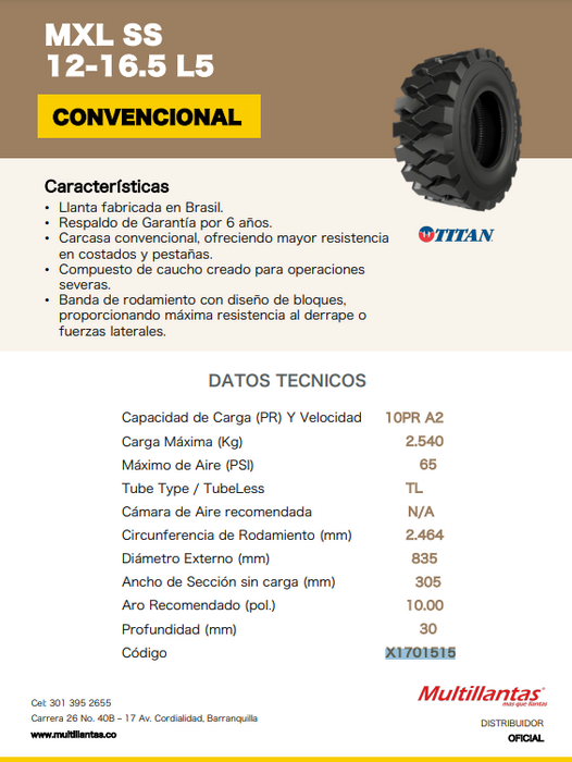 Llanta 12-16.5 SS MXL 10PR TITAN TL