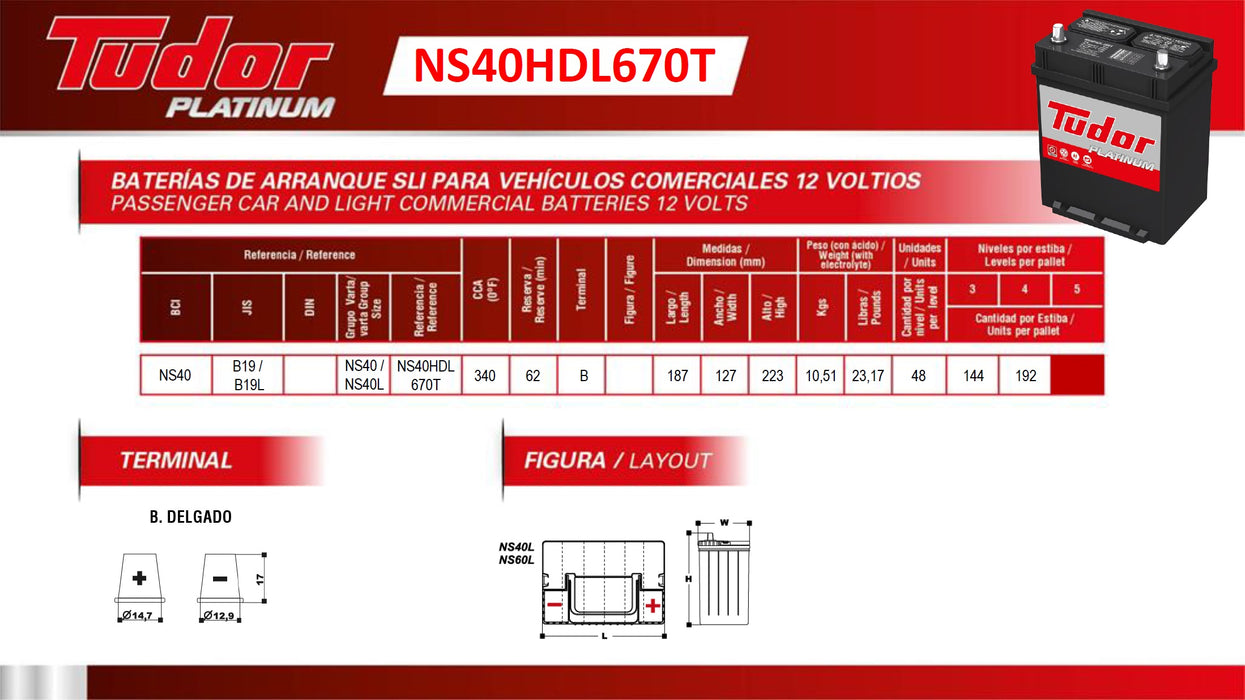 ficha técnica Batería Tudor NS40HDL670T (+) D